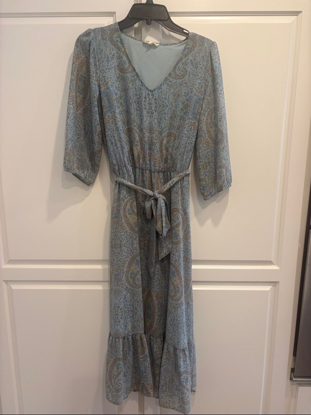 Paisley V-Neck Maxi Dress with Self-Tie Waist - Light Blue